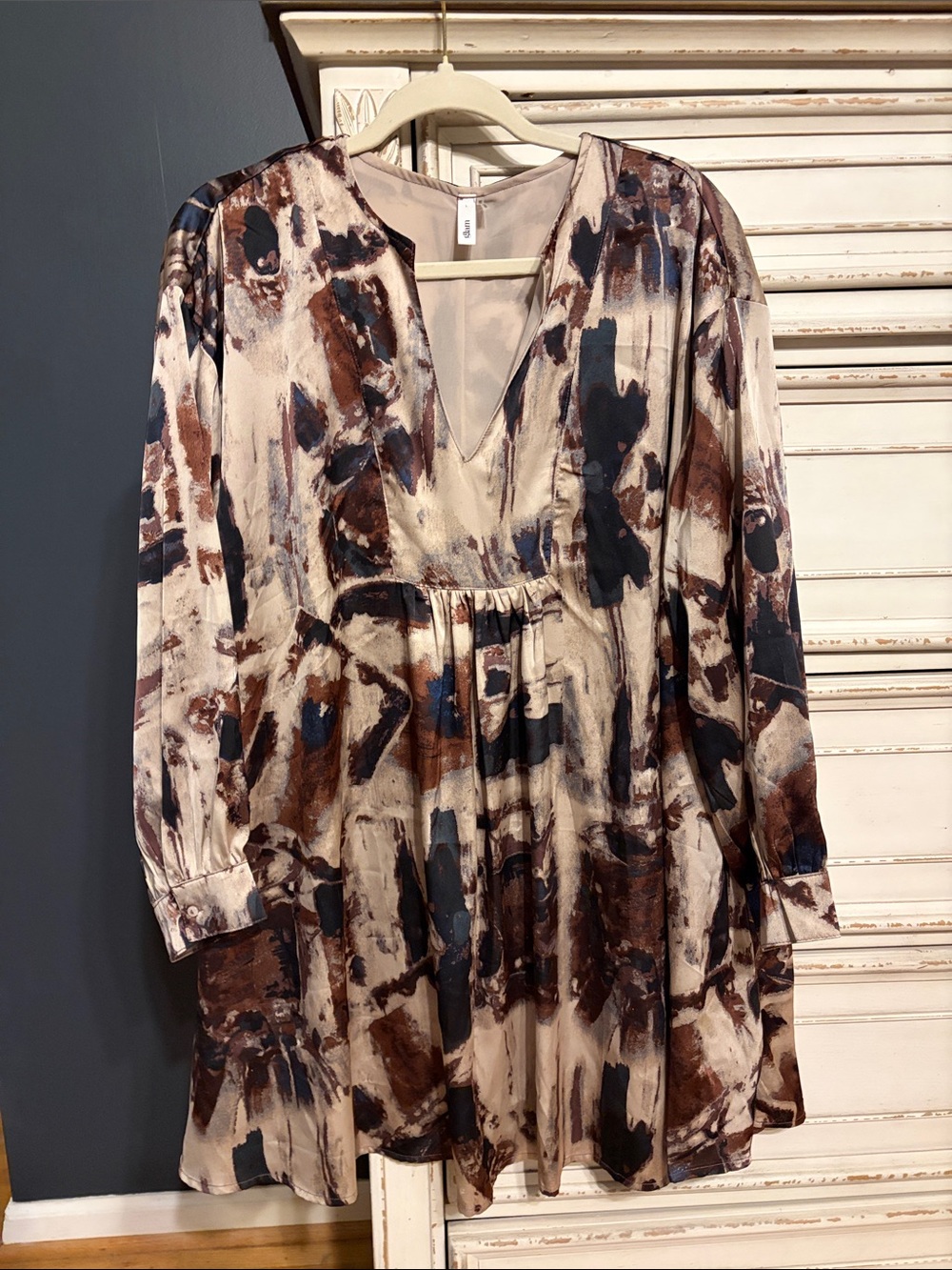 glam Abstract V-Neck Long Sleeve Dress - Beige, Brown, Blue